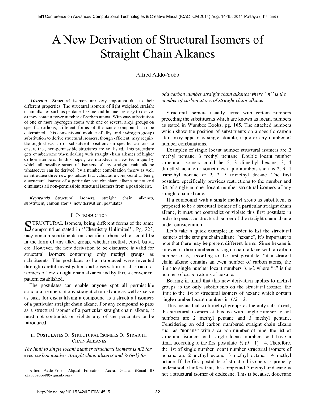 A New Derivation of Structural Isomers of Straight Chain Alkanes