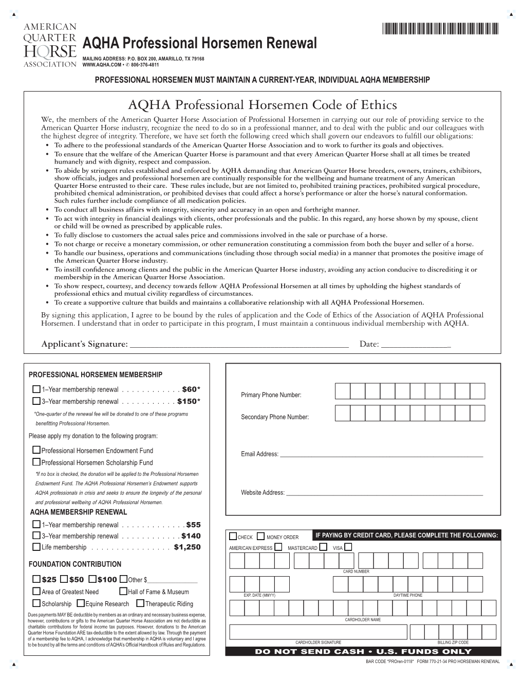 AQHA Professional Horsemen Renewal MAILING ADDRESS: P.O