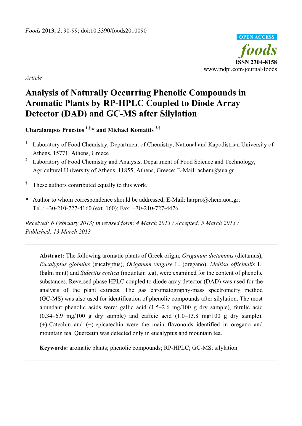 Analysis of Naturally Occurring Phenolic Compounds in Aromatic Plants by RP-HPLC Coupled to Diode Array Detector (DAD) and GC-MS After Silylation