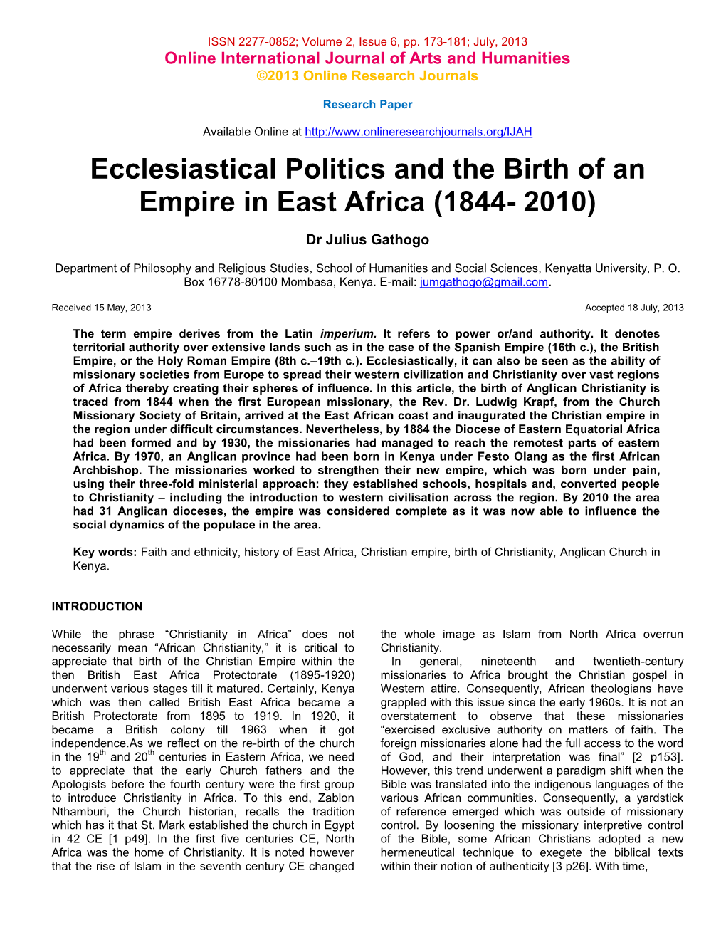 Ecclesiastical Politics and the Birth of an Empire in East Africa (1844- 2010)