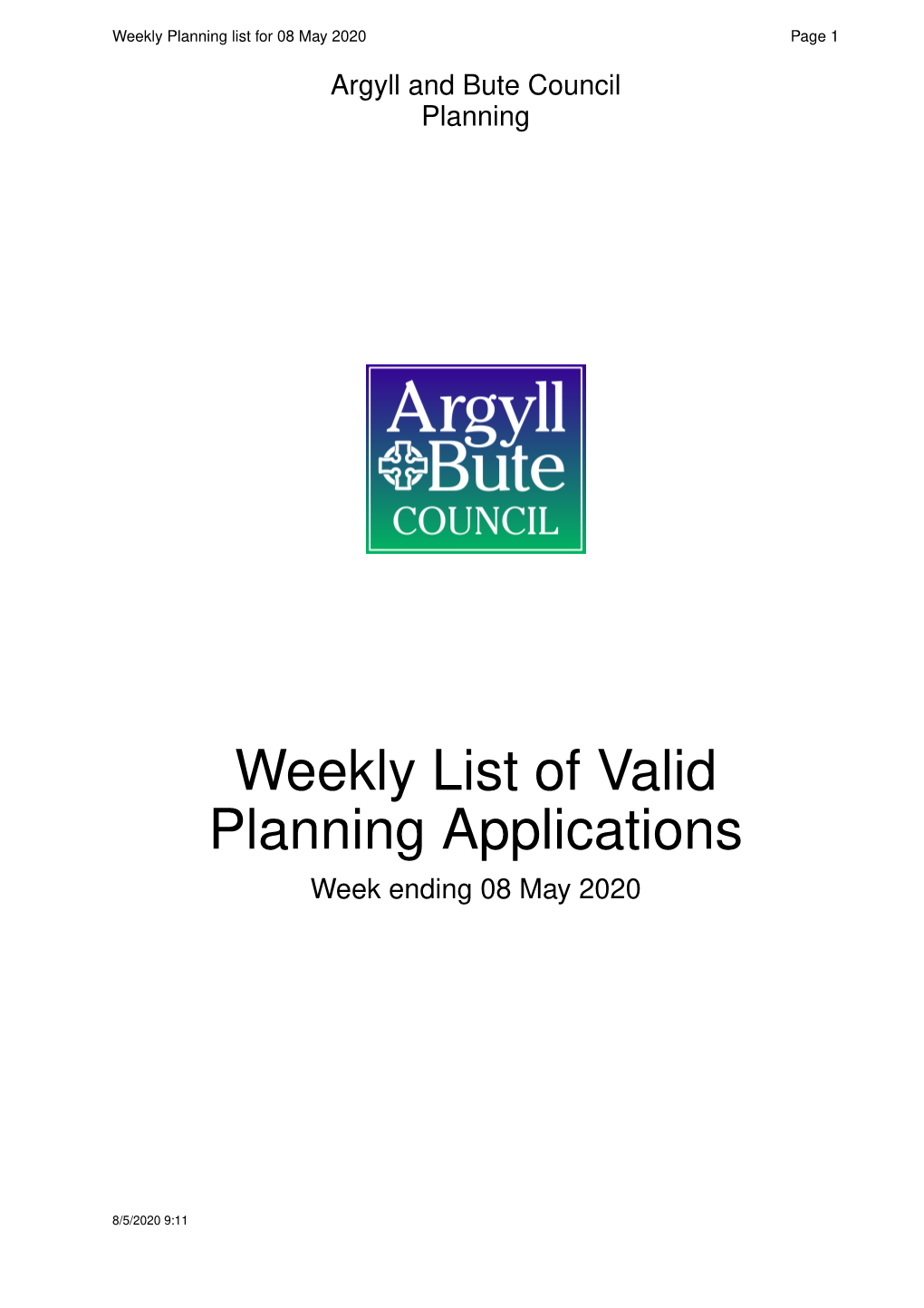 Weekly List of Valid Planning Applications 8Th May 2020.Pdf