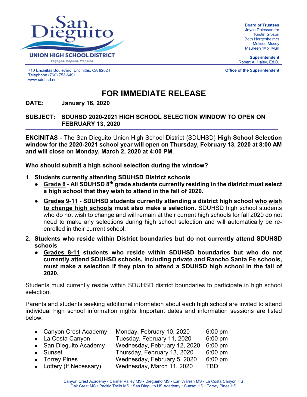 SDUHSD High School Selection 2020-21
