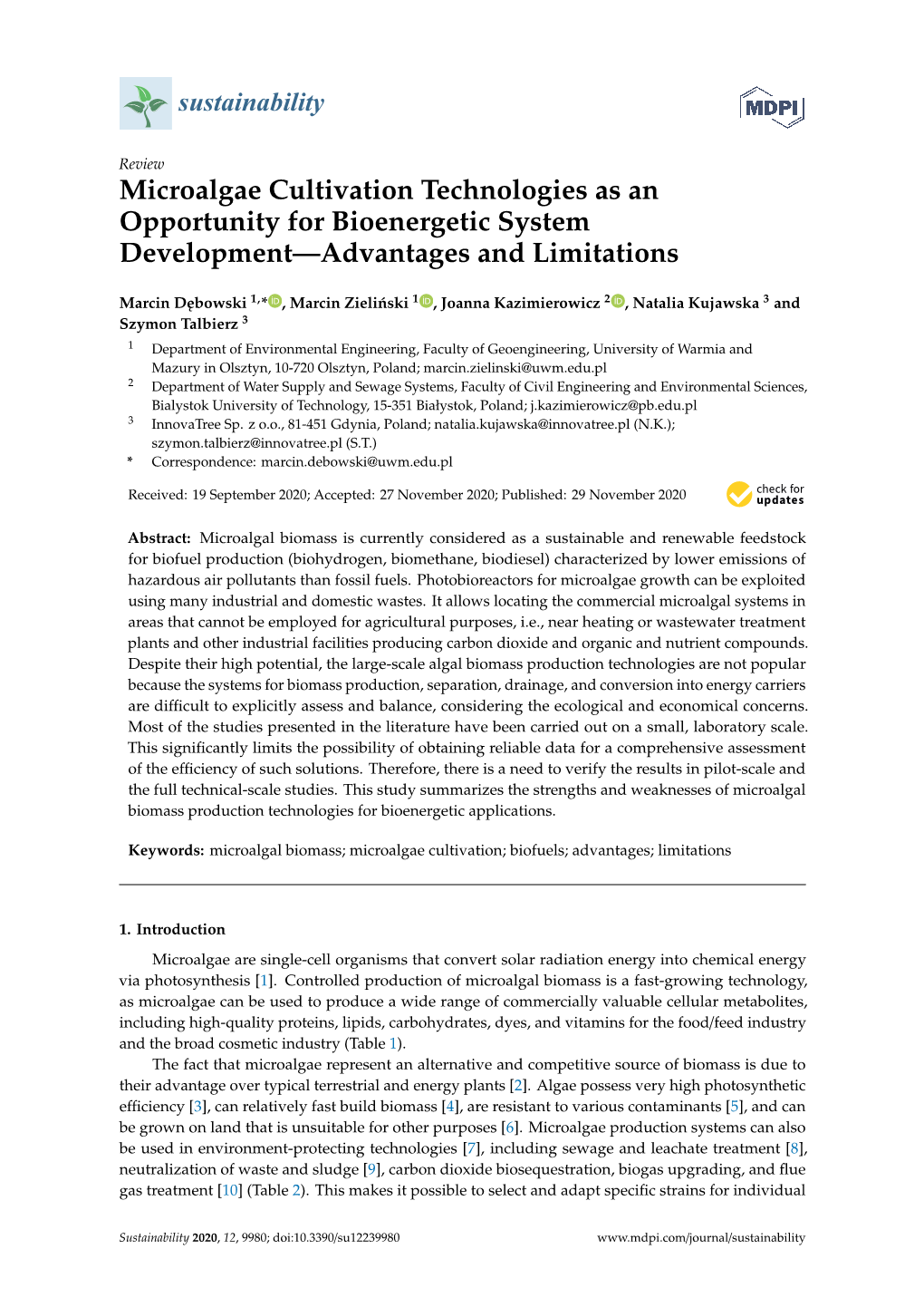 Microalgae Cultivation Technologies As an Opportunity for Bioenergetic System Development—Advantages and Limitations