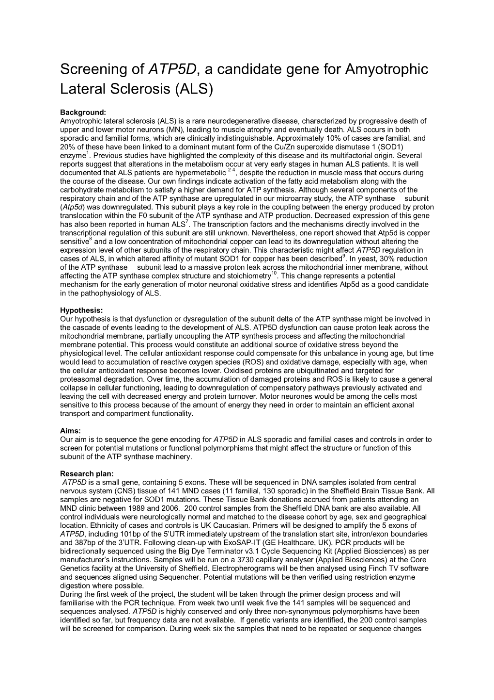 Screening of ATP5D, a Candidate Gene for Amyotrophic Lateral Sclerosis (ALS)