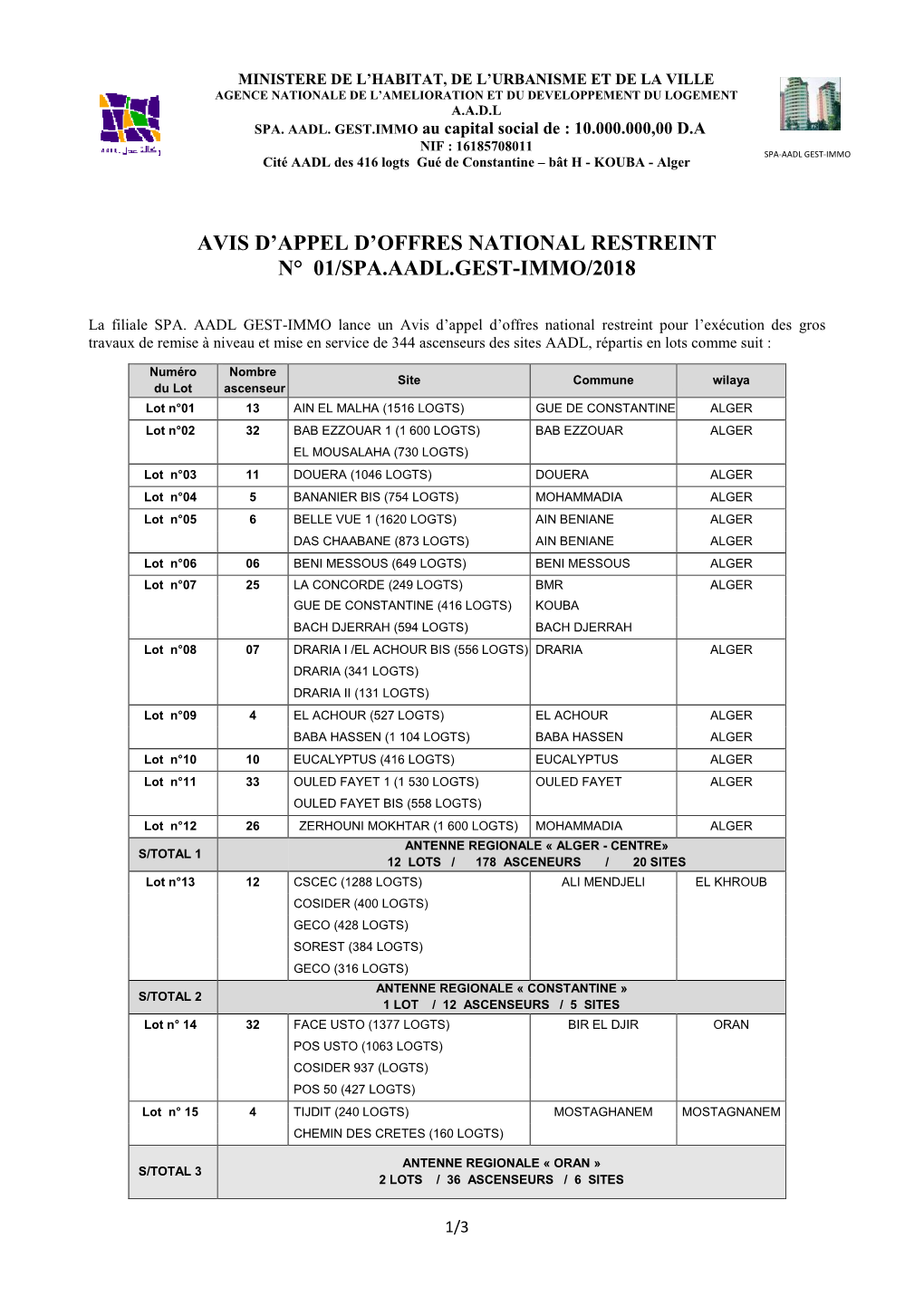 Avis D'appel D'offres National Restreint N° 01/Spa.Aadl