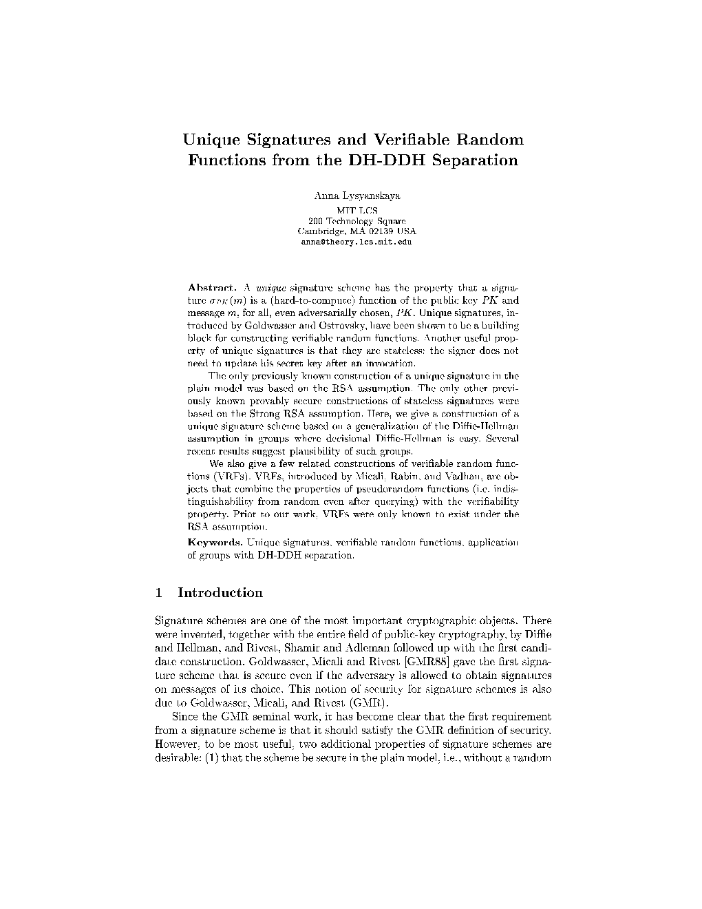 Unique Signatures and Verifiable Random Functions from the DH