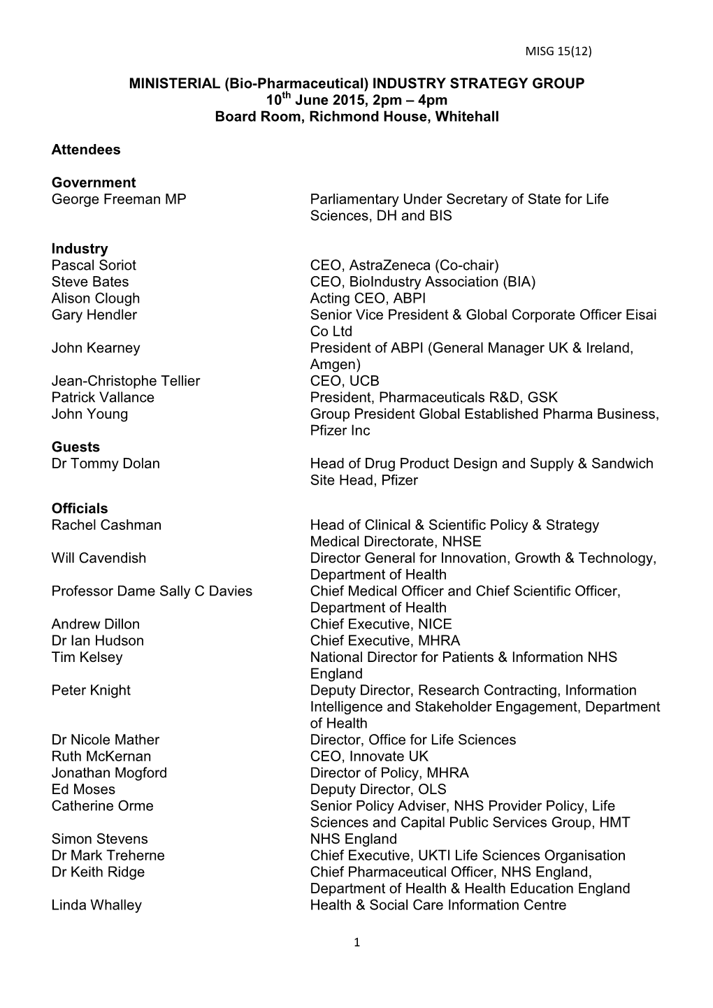 Ministerial Industrial Strategy Group (MISG) Meeting Minutes: 10 June