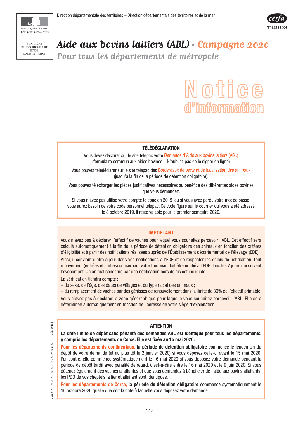 Aide Aux Bovins Laitiers (ABL) • Campagne 2020 ET DE L’ALIMENTATION Pour Tous Les Départements De Métropole