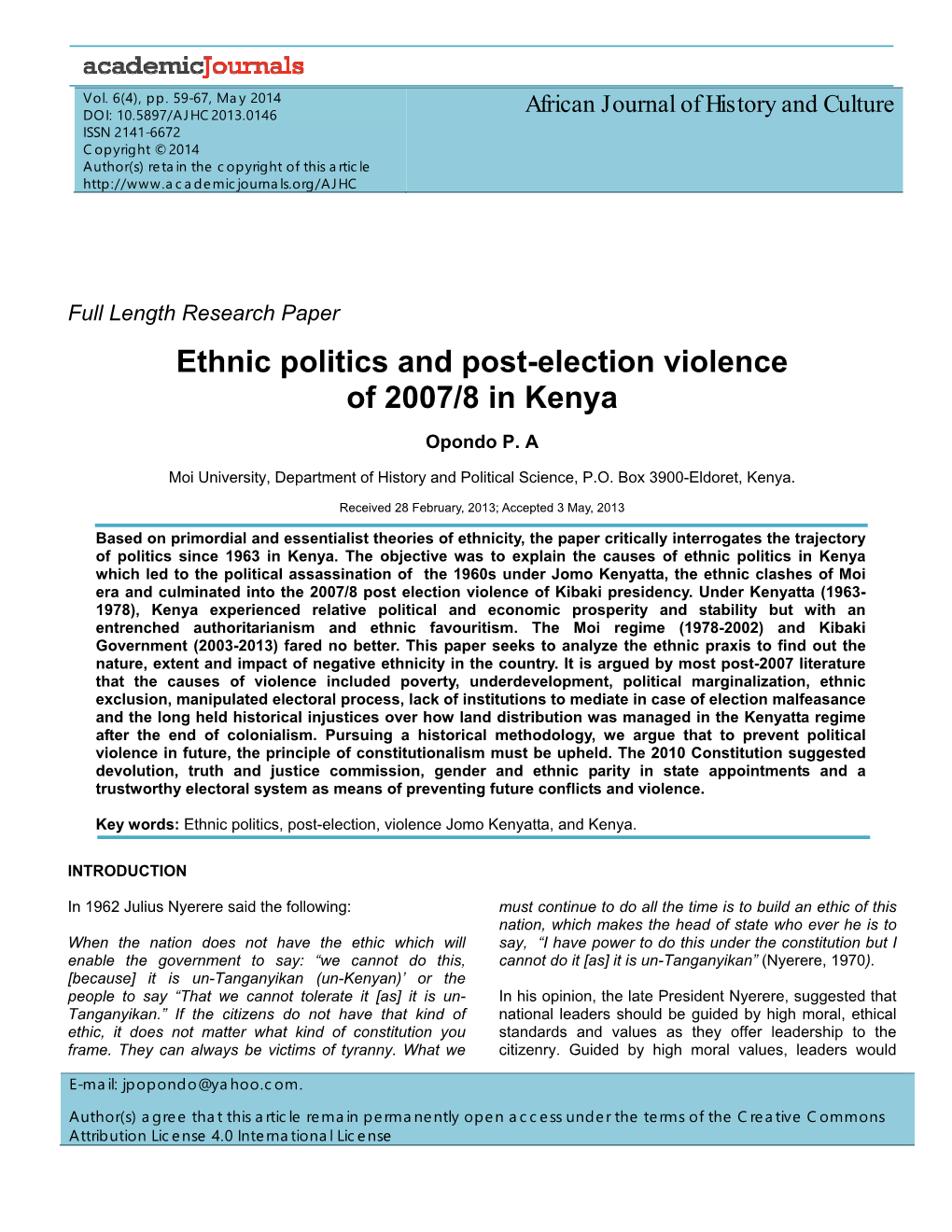 Ethnic Politics and Post-Election Violence of 2007/8 in Kenya