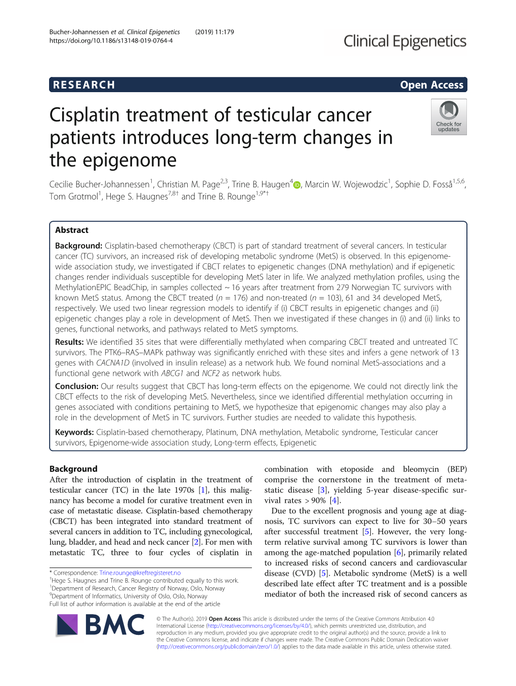 Cisplatin Treatment of Testicular Cancer Patients Introduces Long-Term Changes in the Epigenome Cecilie Bucher-Johannessen1, Christian M