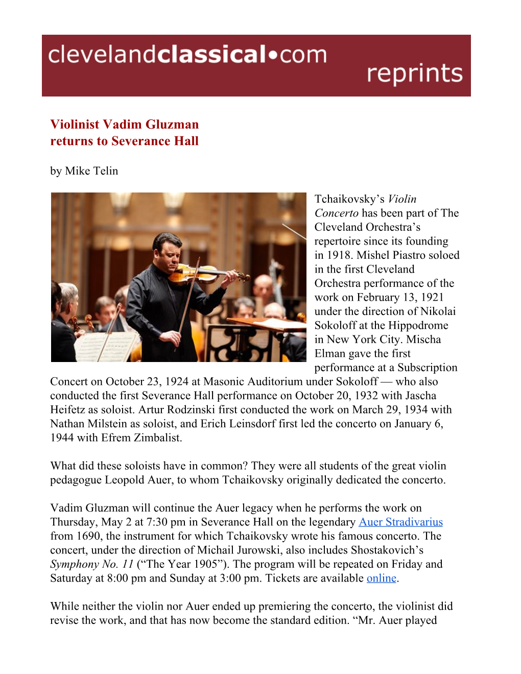 Violinist Vadim Gluzman Returns to Severance Hall by Mike Telin