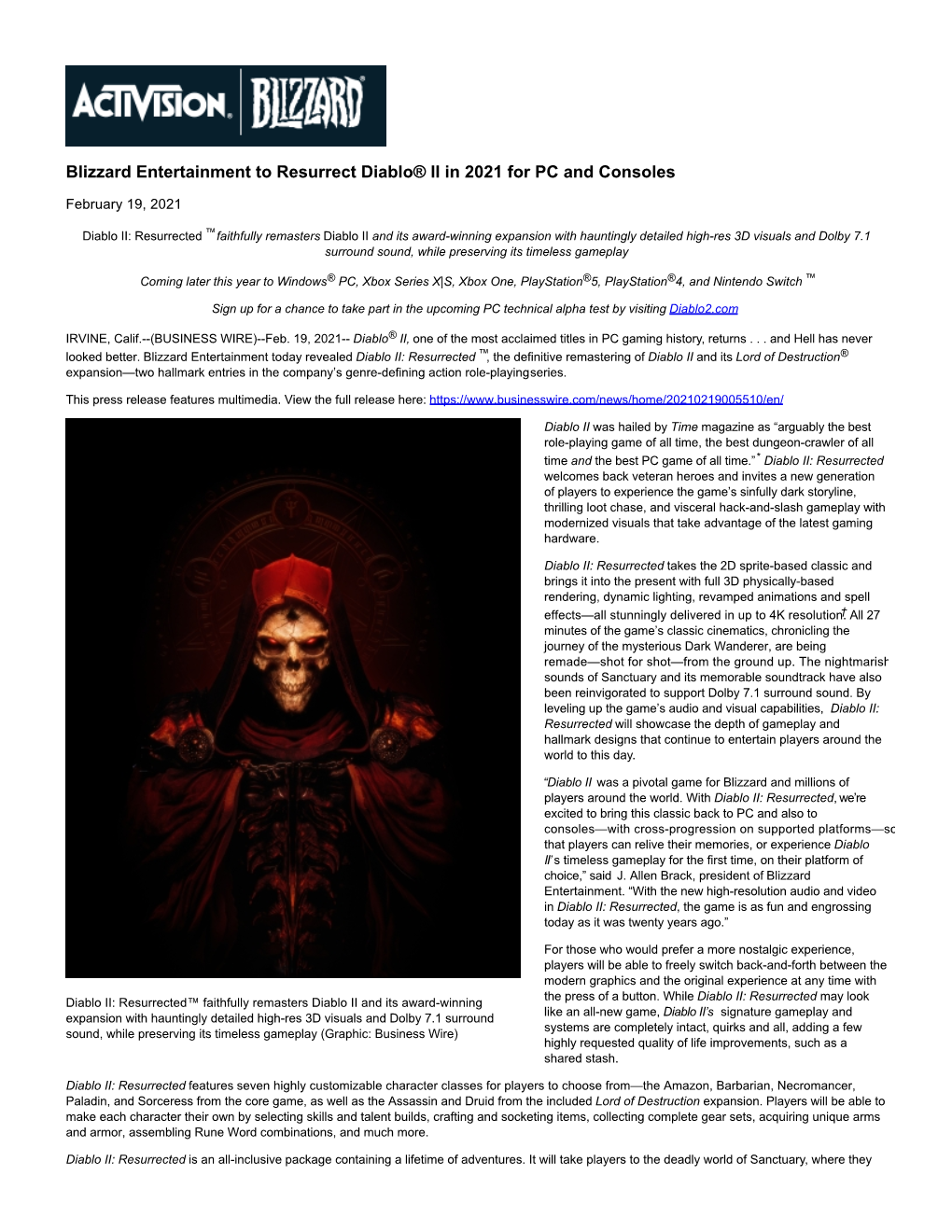 Blizzard Entertainment to Resurrect Diablo® II in 2021 for PC and Consoles