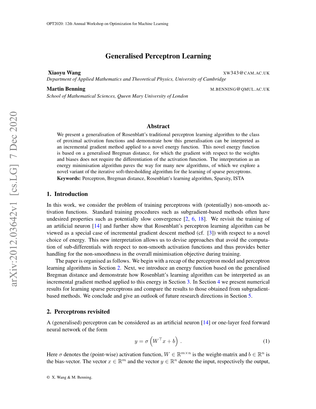 Arxiv:2012.03642V1 [Cs.LG] 7 Dec 2020 Results for Learning Sparse Perceptrons and Compare the Results to Those Obtained from Subgradient- Based Methods