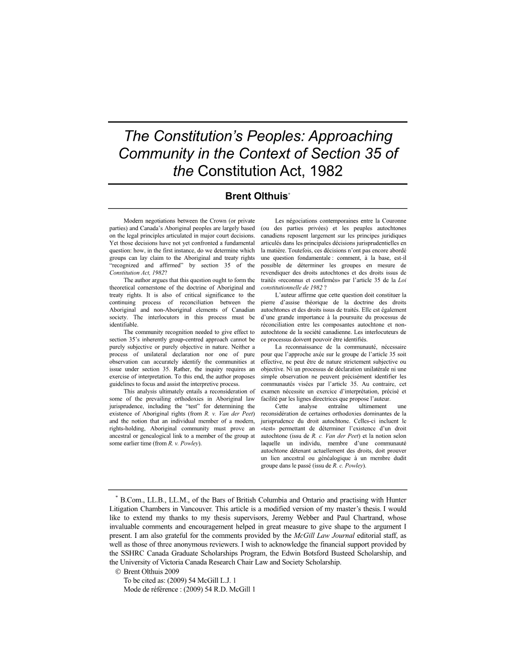 Approaching Community in the Context of Section 35 of the Constitution Act, 1982