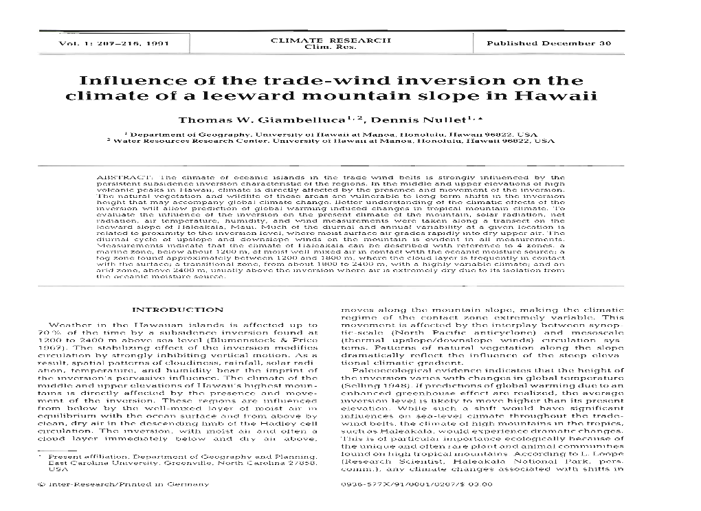 Influence of the Trade-Wind Inversion on the Climate of a Leeward Mountain Slope in Hawaii