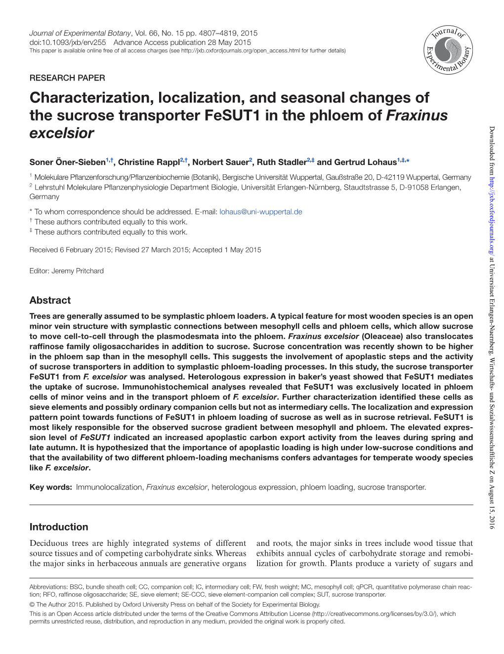 Characterization, Localization, and Seasonal Changes of the Sucrose Transporter Fesut1 in the Phloem of Fraxinus Excelsior