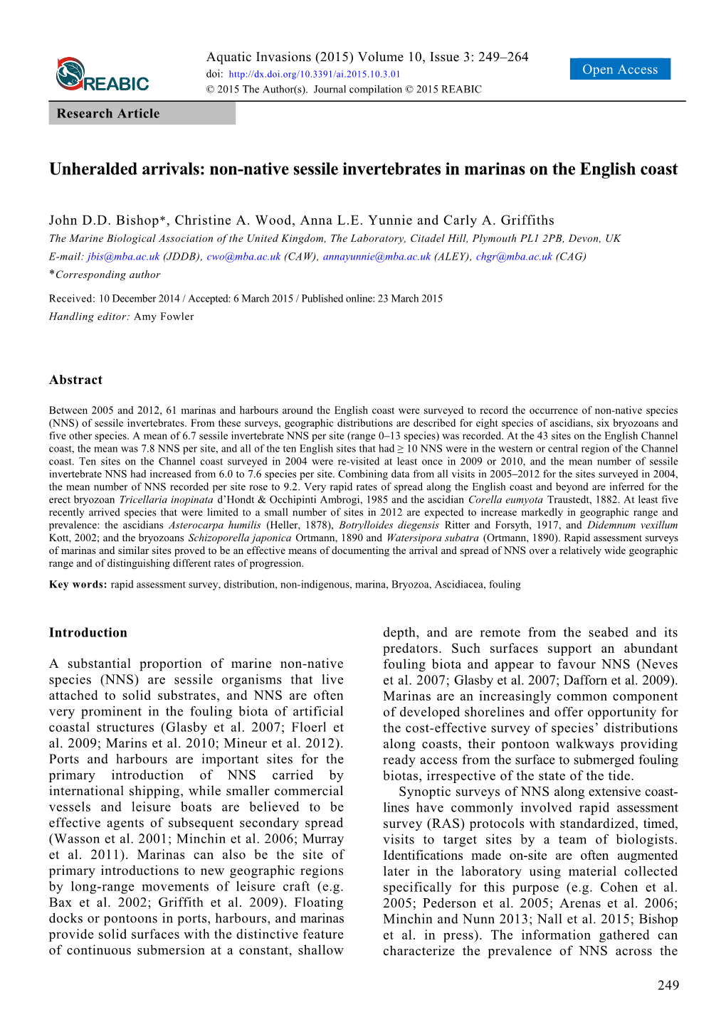 Non-Native Sessile Invertebrates in Marinas on the English Coast