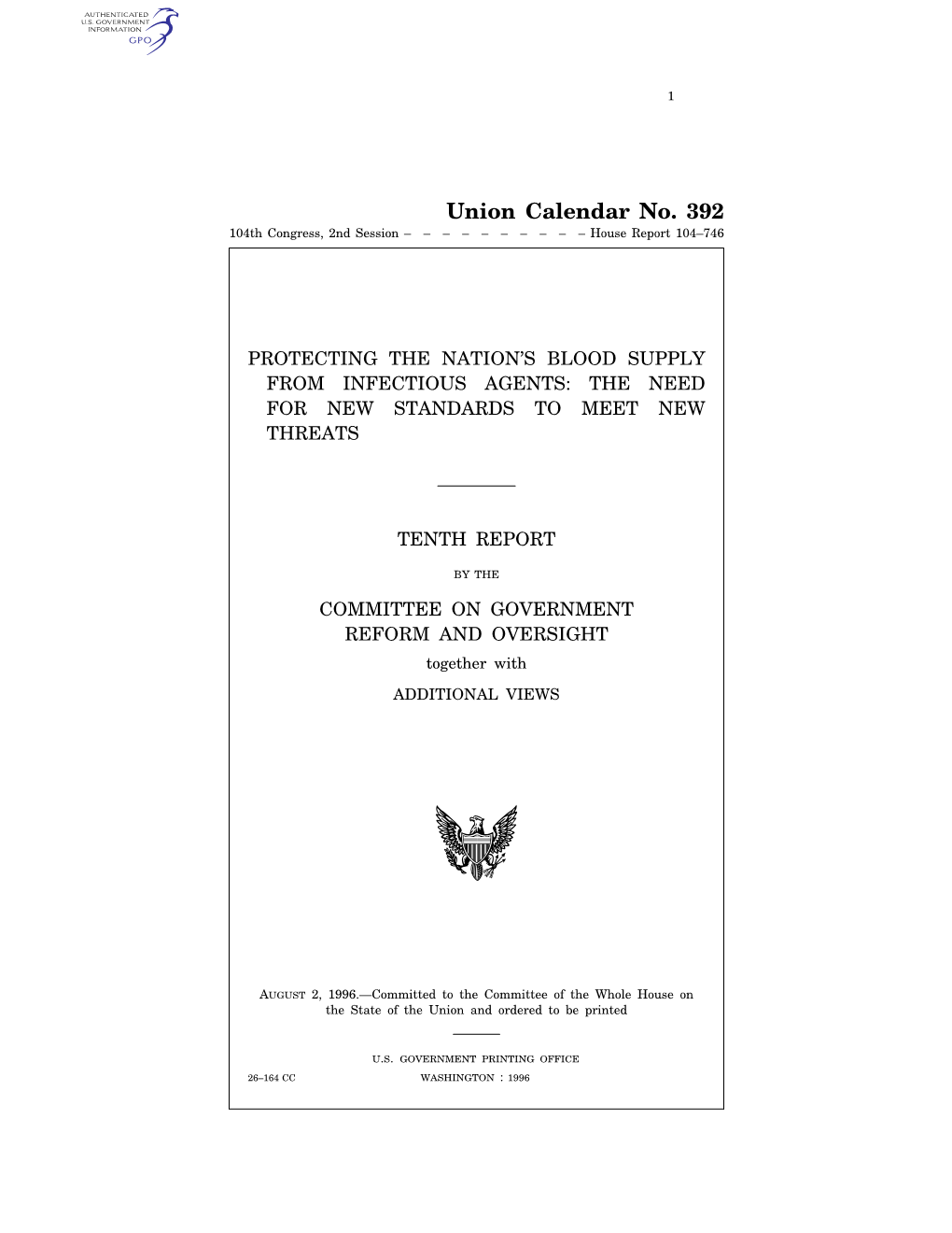 Union Calendar No. 392 104Th Congress, 2Nd Session –––––––––– House Report 104–746