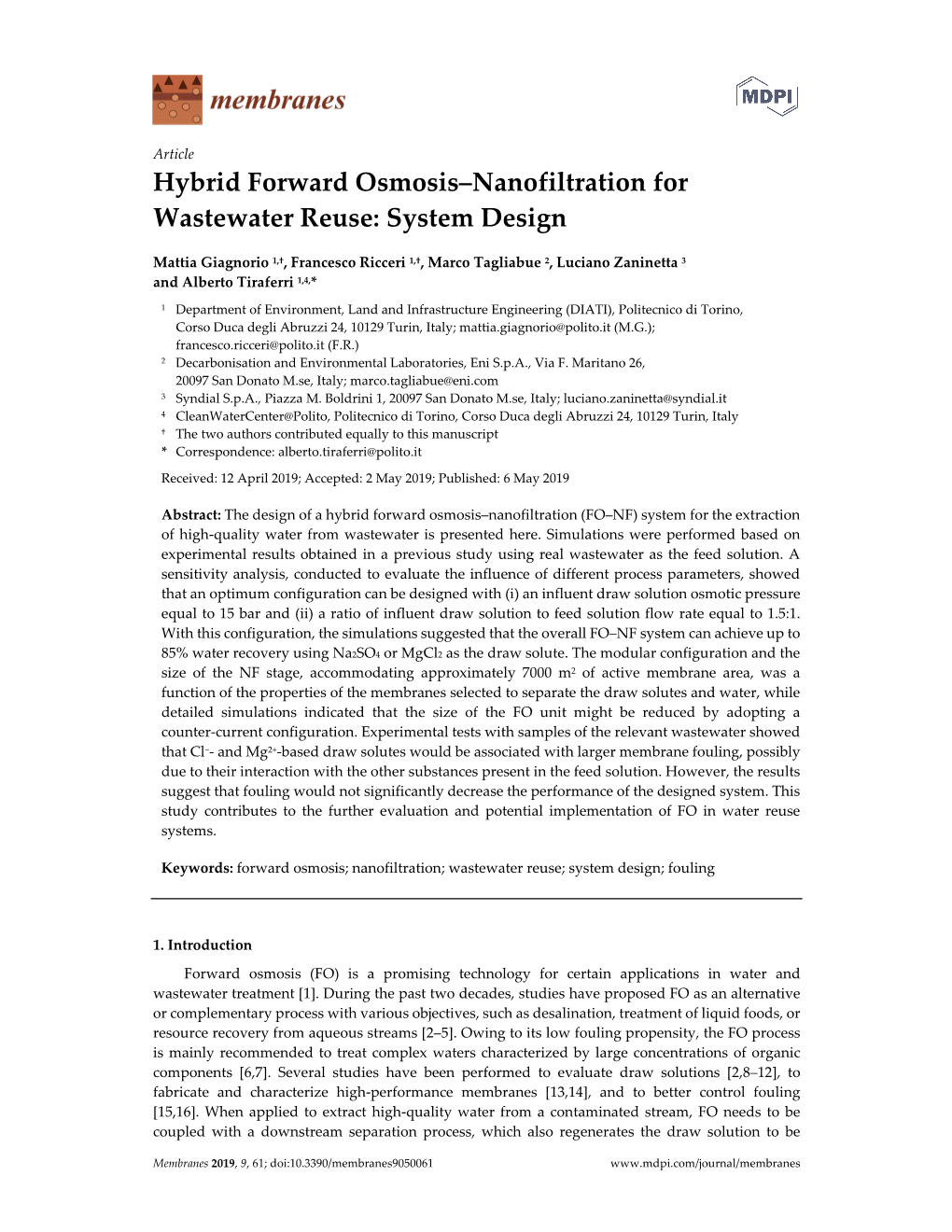 Hybrid Forward Osmosis–Nanofiltration for Wastewater Reuse: System Design