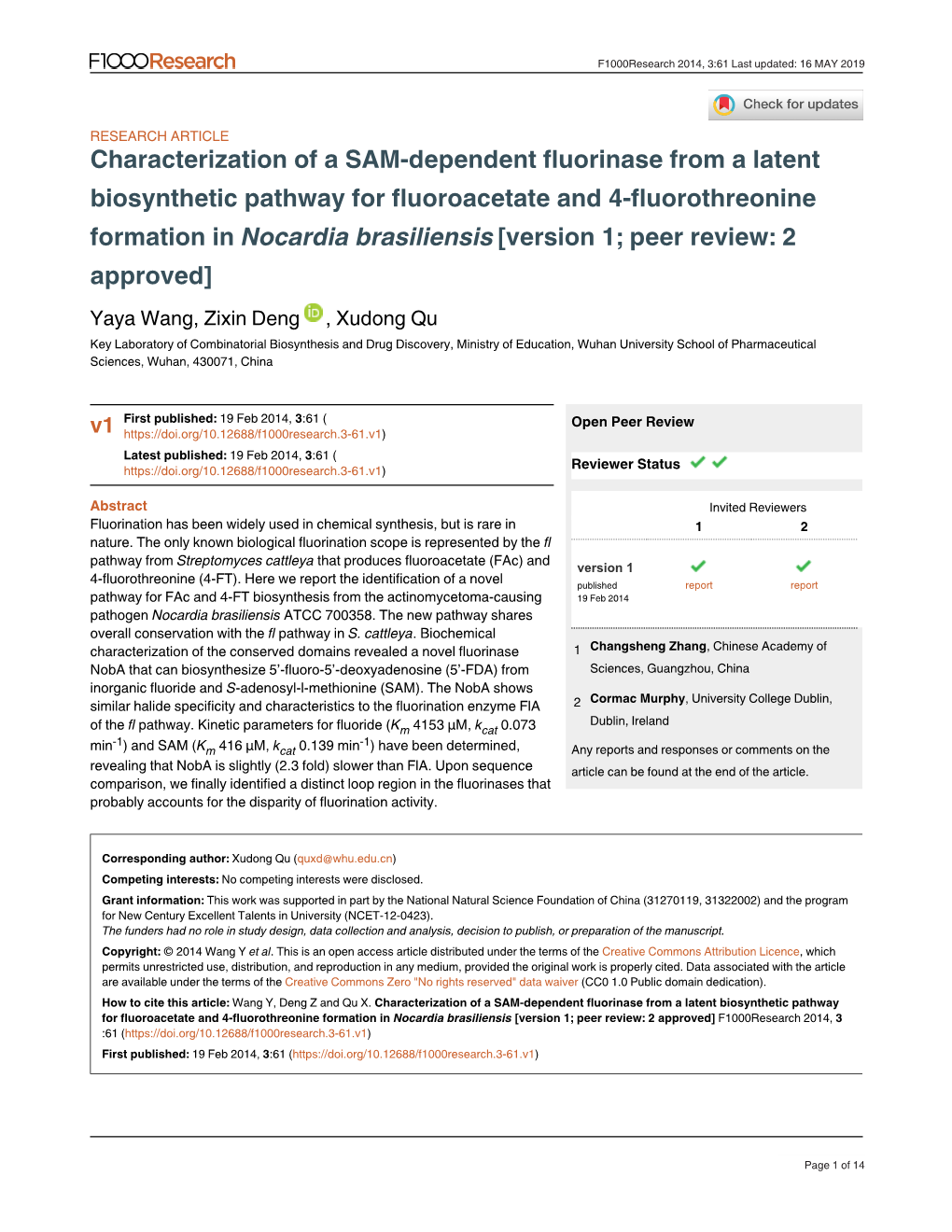 Characterization of a SAM-Dependent Fluorinase from a Latent Biosynthetic Pathway for Fluoroacetate and 4-Fluorothreonine Format