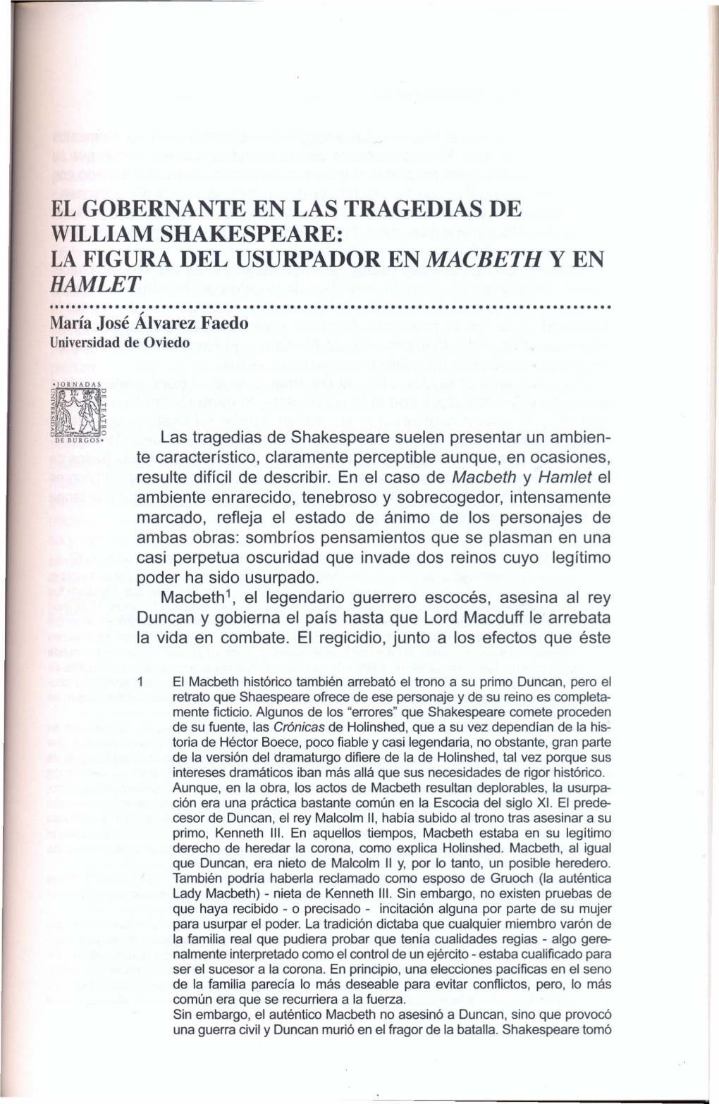 EL GOBERNANTE EN LAS TRAGEDIAS DE WILLIAM SHAKESPEARE: LA FIGURA DEL USURPADOR EN MACBETH Y EN HAMLET