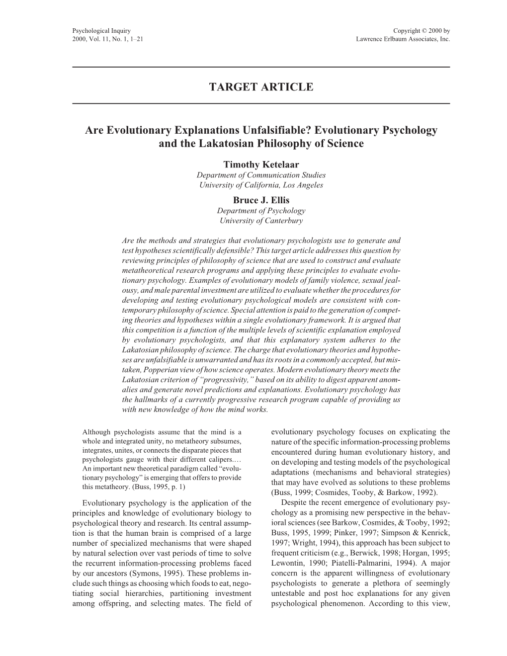 Evolutionary Psychology and the Lakatosian Philosophy of Science