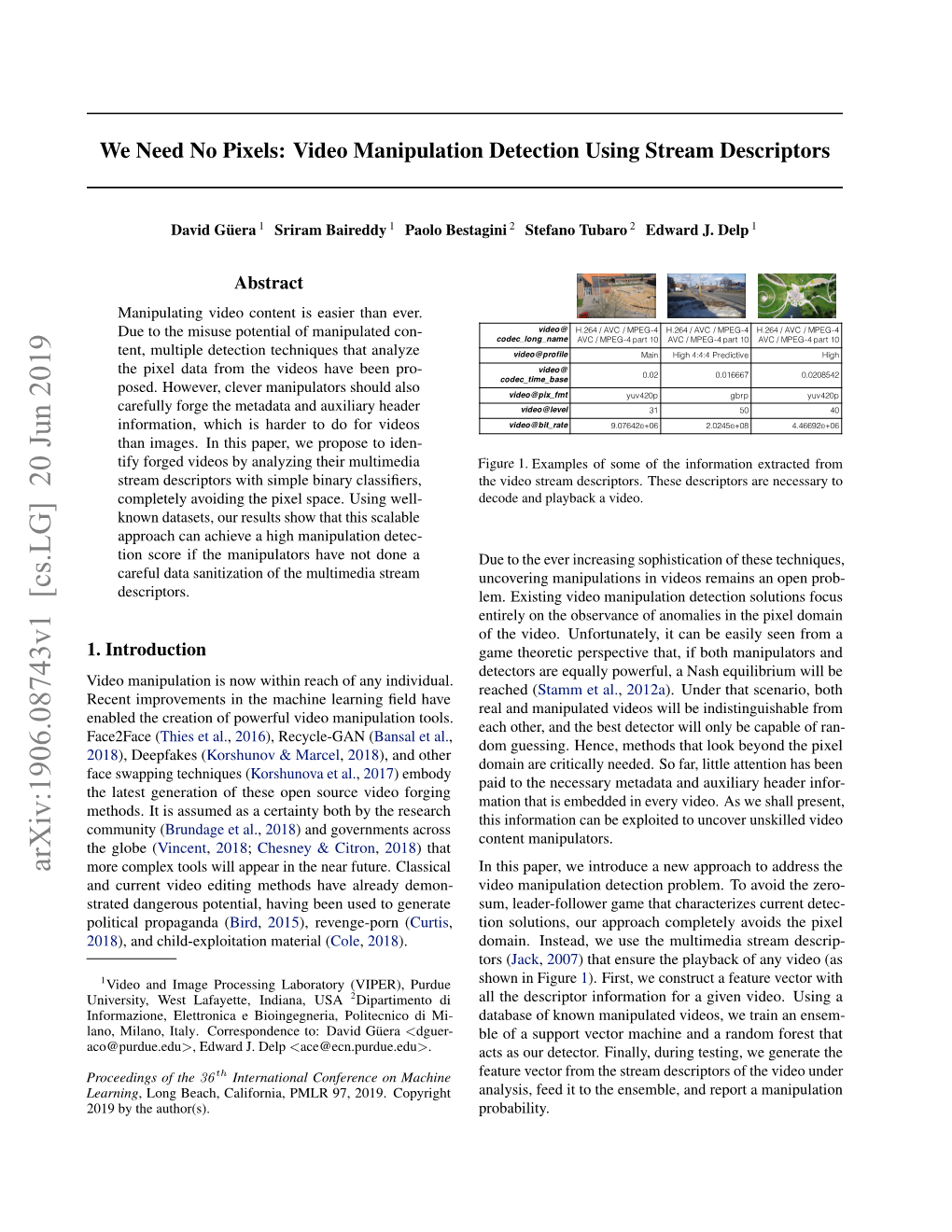 Video Manipulation Detection Using Stream Descriptors