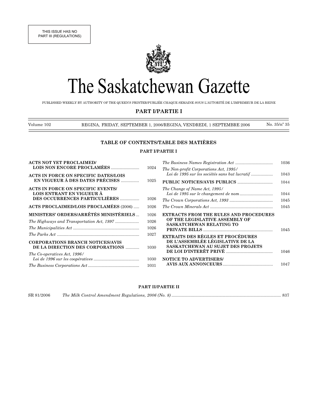 Sask Gazette, Part I, Sep 1, 2006