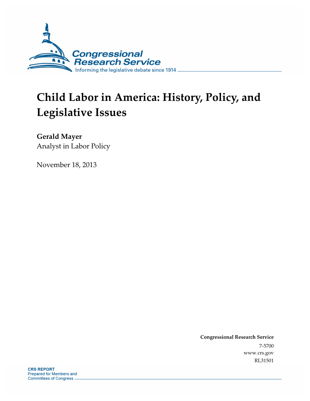 Child Labor in America: History, Policy, and Legislative Issues