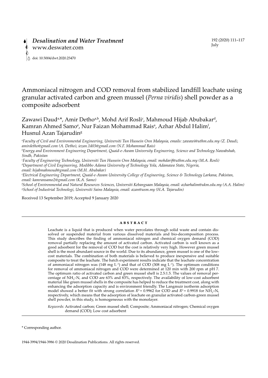 Ammoniacal Nitrogen and COD Removal from Stabilized Landfill