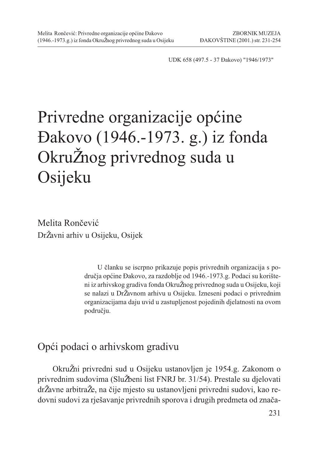 Privredne Organizacije Općine Đakovo (1946.-1973. G.) Iz Fonda Okru Nog