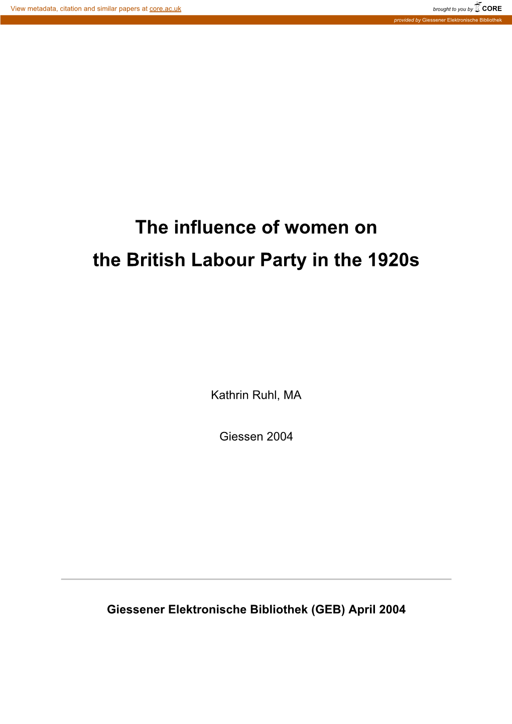 The Influence of Women on the British Labour Party in the 1920S