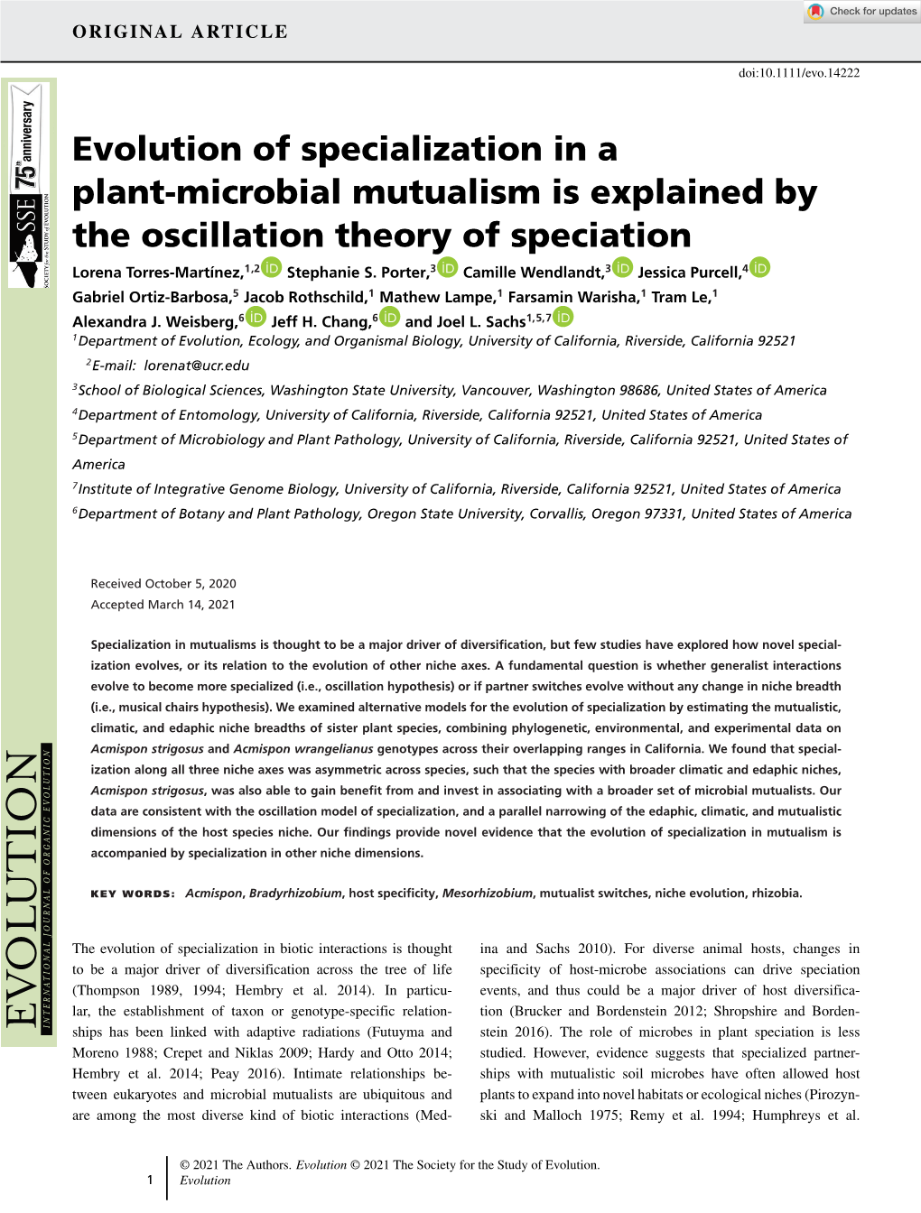 Evolution of Specialization in a Plant‐Microbial Mutualism Is Explained