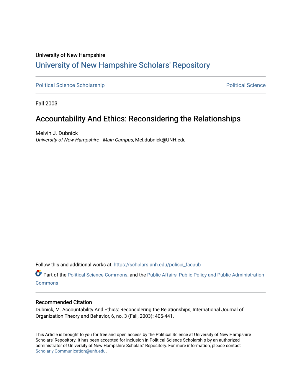 Accountability and Ethics: Reconsidering the Relationships