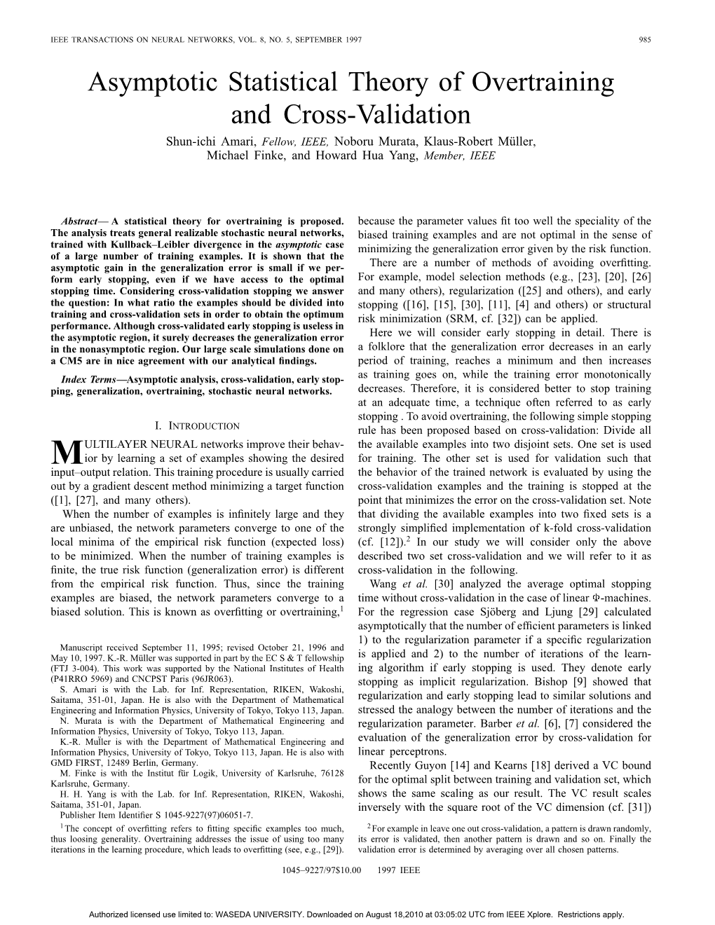 Asymptotic Statistical Theory of Overtraining and Cross-Validation