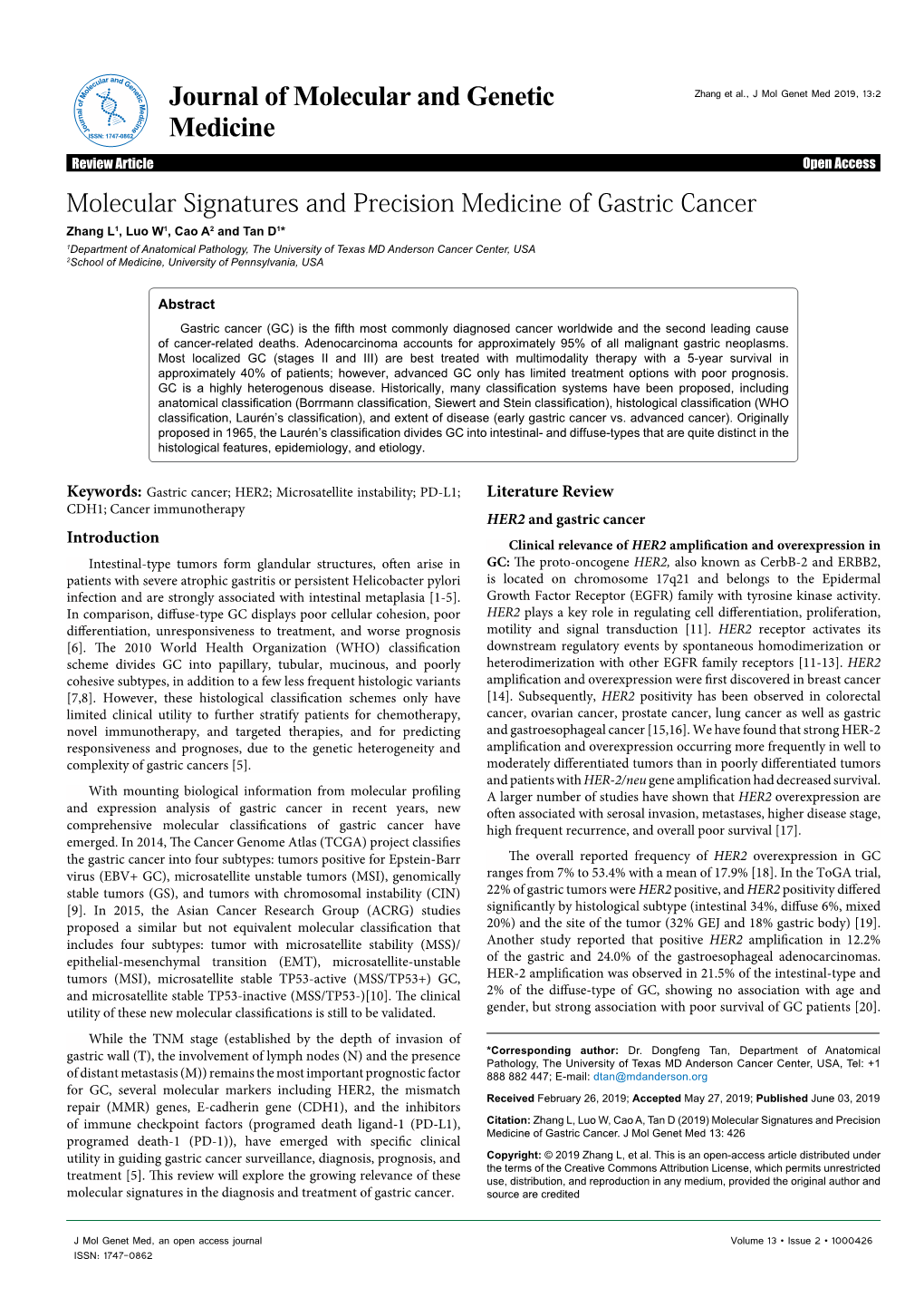 Molecular Signatures and Precision Medicine of Gastric Cancer