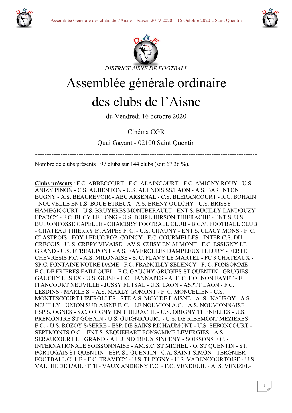 Assemblée Générale Ordinaire Des Clubs De L'aisne