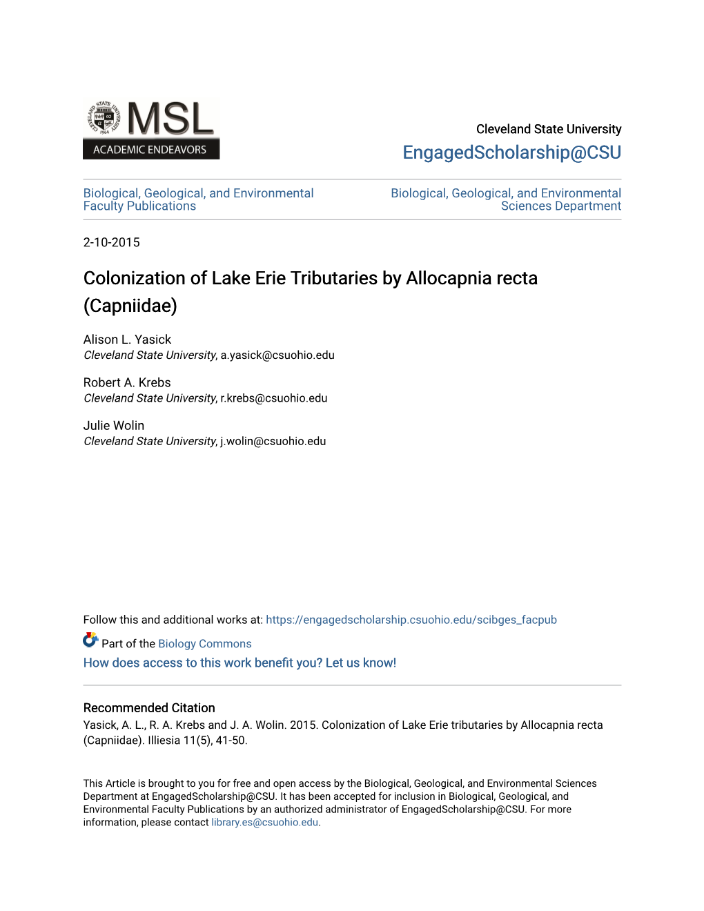 Colonization of Lake Erie Tributaries by Allocapnia Recta (Capniidae)