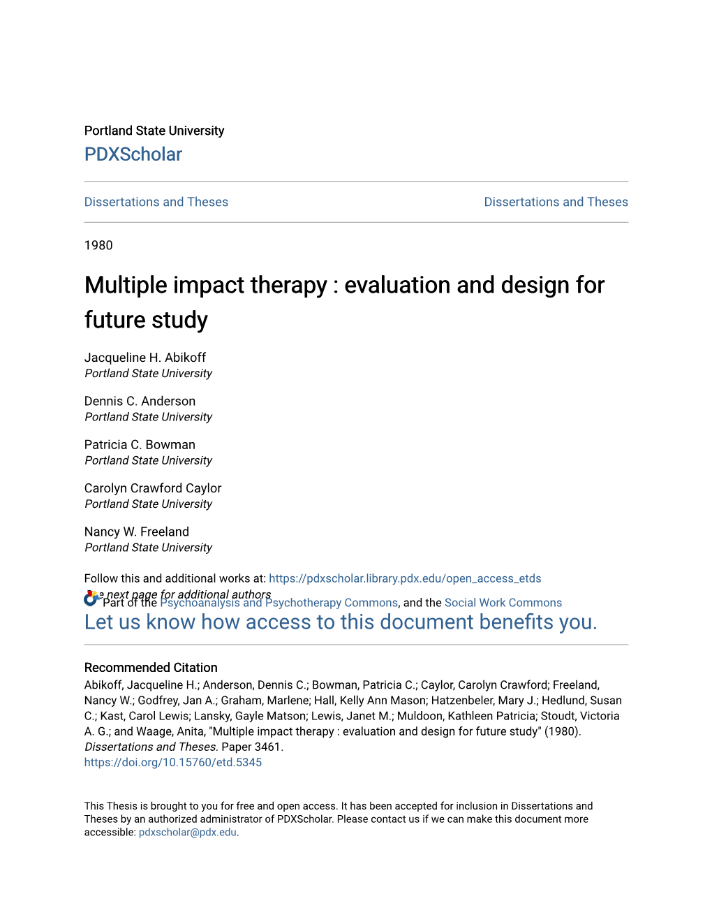 Multiple Impact Therapy : Evaluation and Design for Future Study