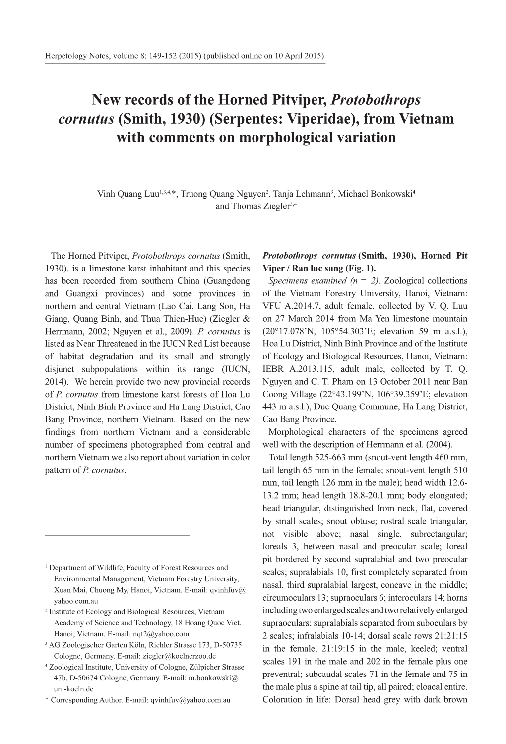 New Records of the Horned Pitviper, Protobothrops Cornutus (Smith, 1930) (Serpentes: Viperidae), from Vietnam with Comments on Morphological Variation