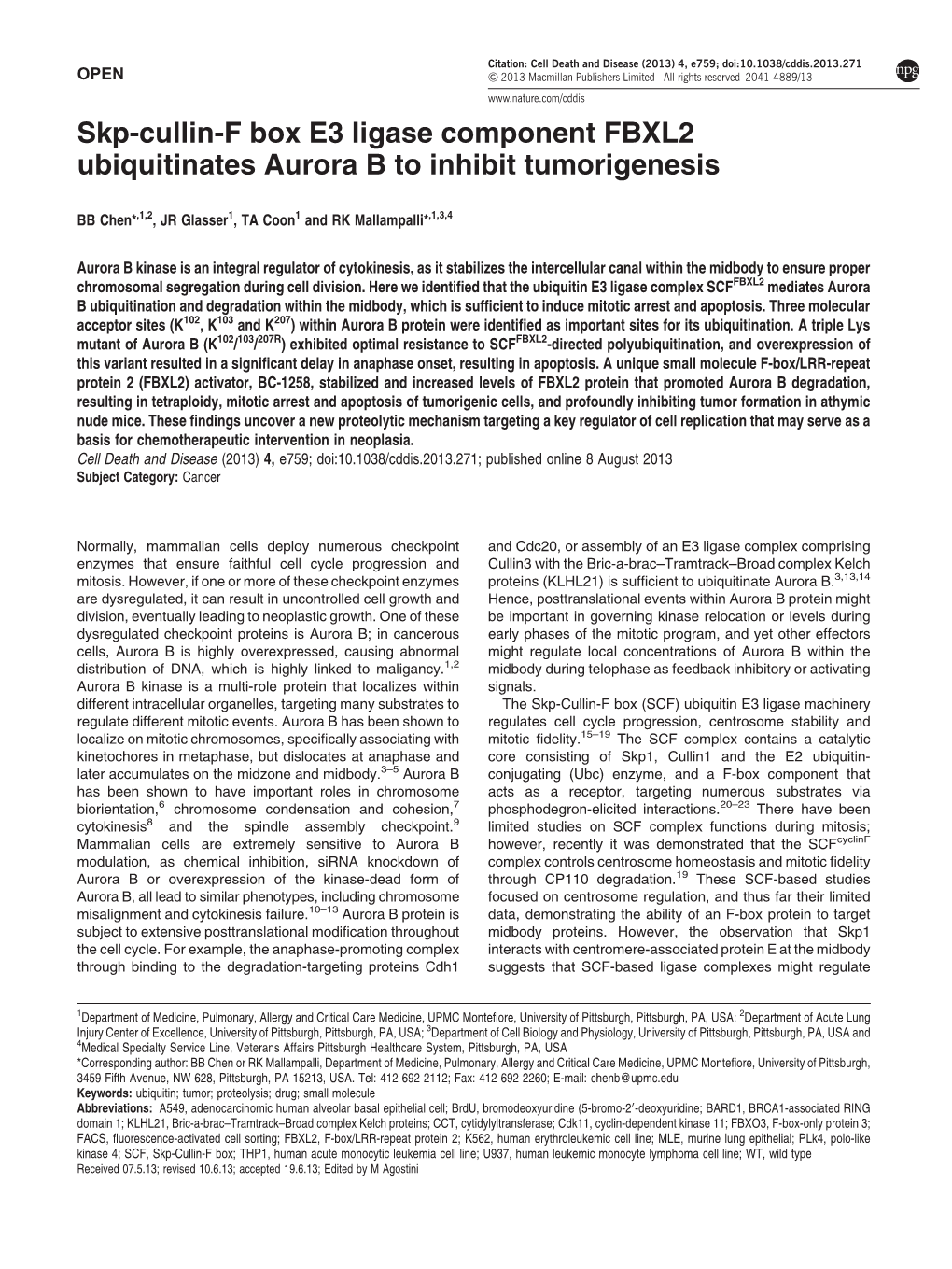 Skp-Cullin-F Box E3 Ligase Component FBXL2 Ubiquitinates Aurora B to Inhibit Tumorigenesis