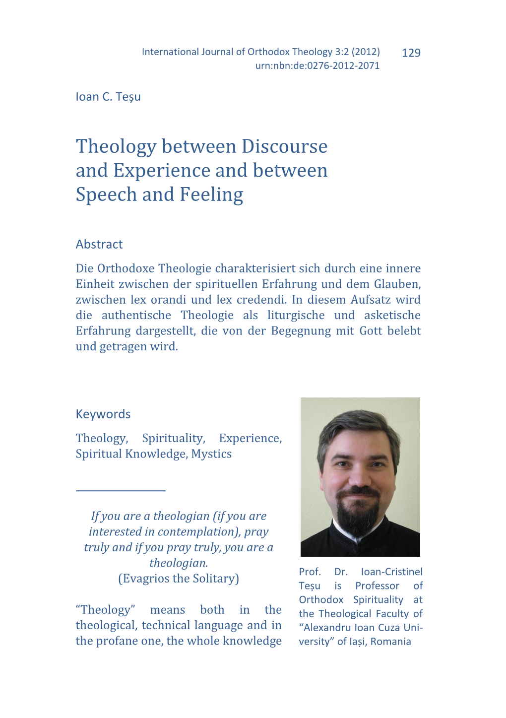 Theology Between Discourse and Experience and Between Speech and Feeling