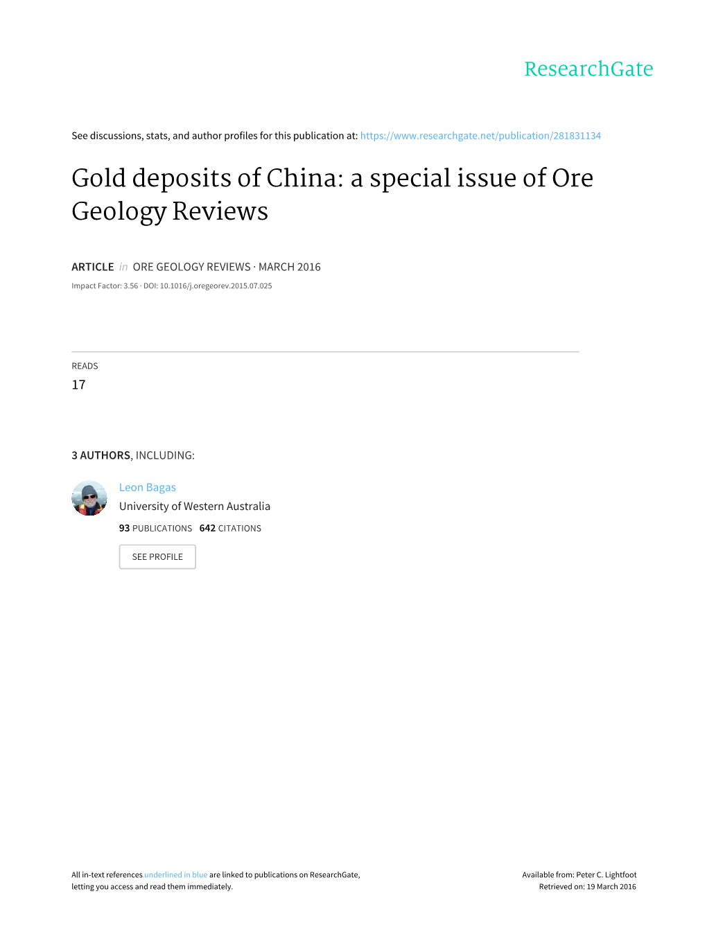 Gold Deposits of China: a Special Issue of Ore Geology Reviews