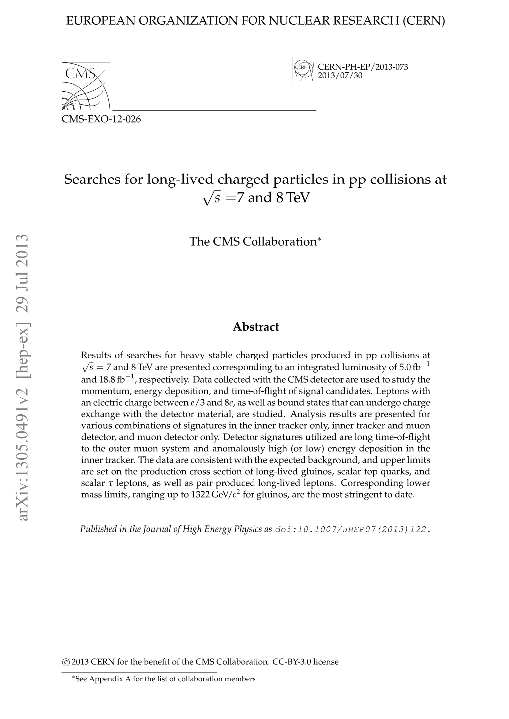 Searches for Long-Lived Charged Particles in Pp Collisions At