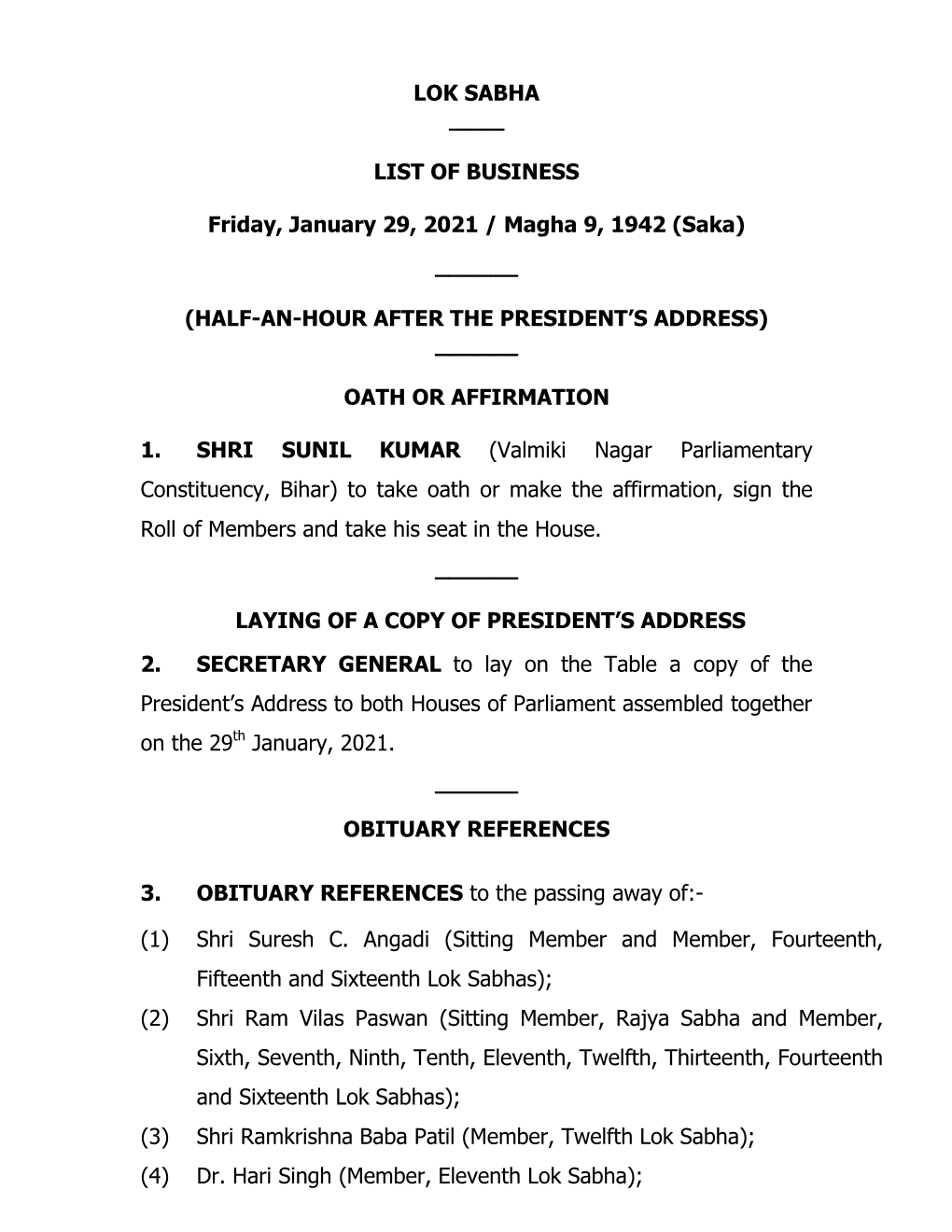 LOK SABHA ___LIST of BUSINESS Friday, January 29