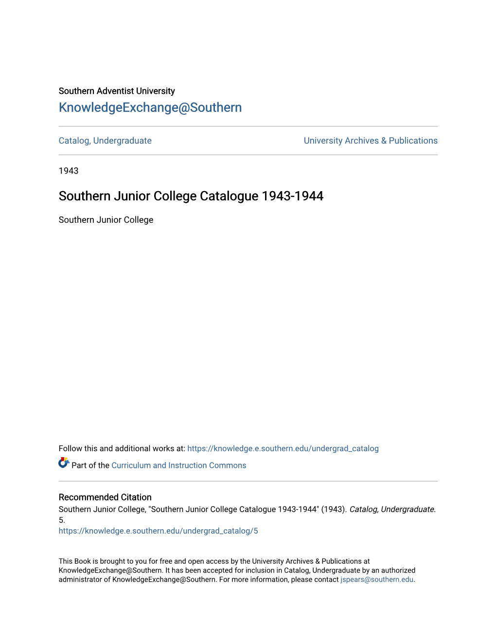 Southern Junior College Catalogue 1943-1944