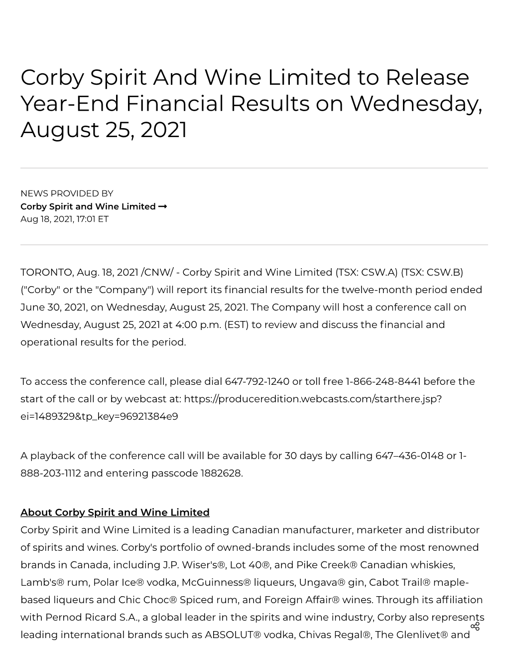 Corby Spirit and Wine Limited to Release Year-End Financial Results on Wednesday, August 25, 2021