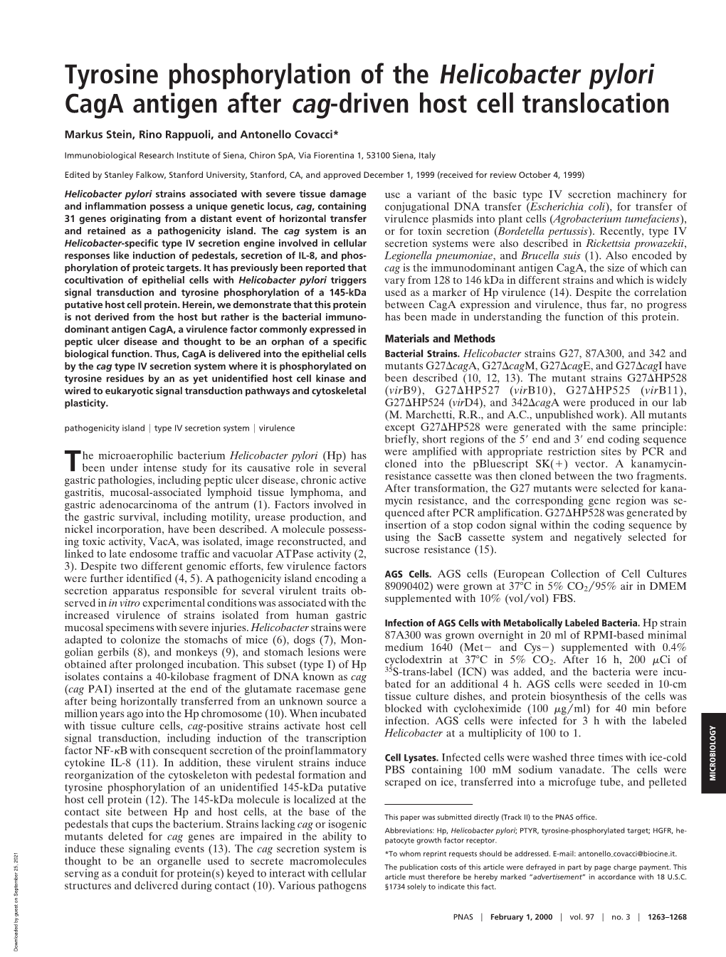 Tyrosine Phosphorylation of the Helicobacter Pylori Caga Antigen After Cag-Driven Host Cell Translocation