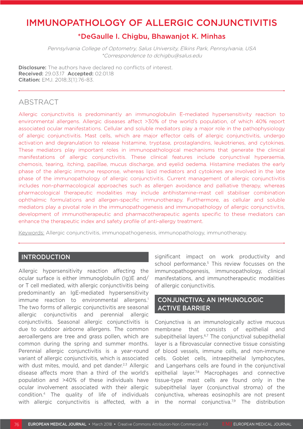 IMMUNOPATHOLOGY of ALLERGIC CONJUNCTIVITIS *Degaulle I