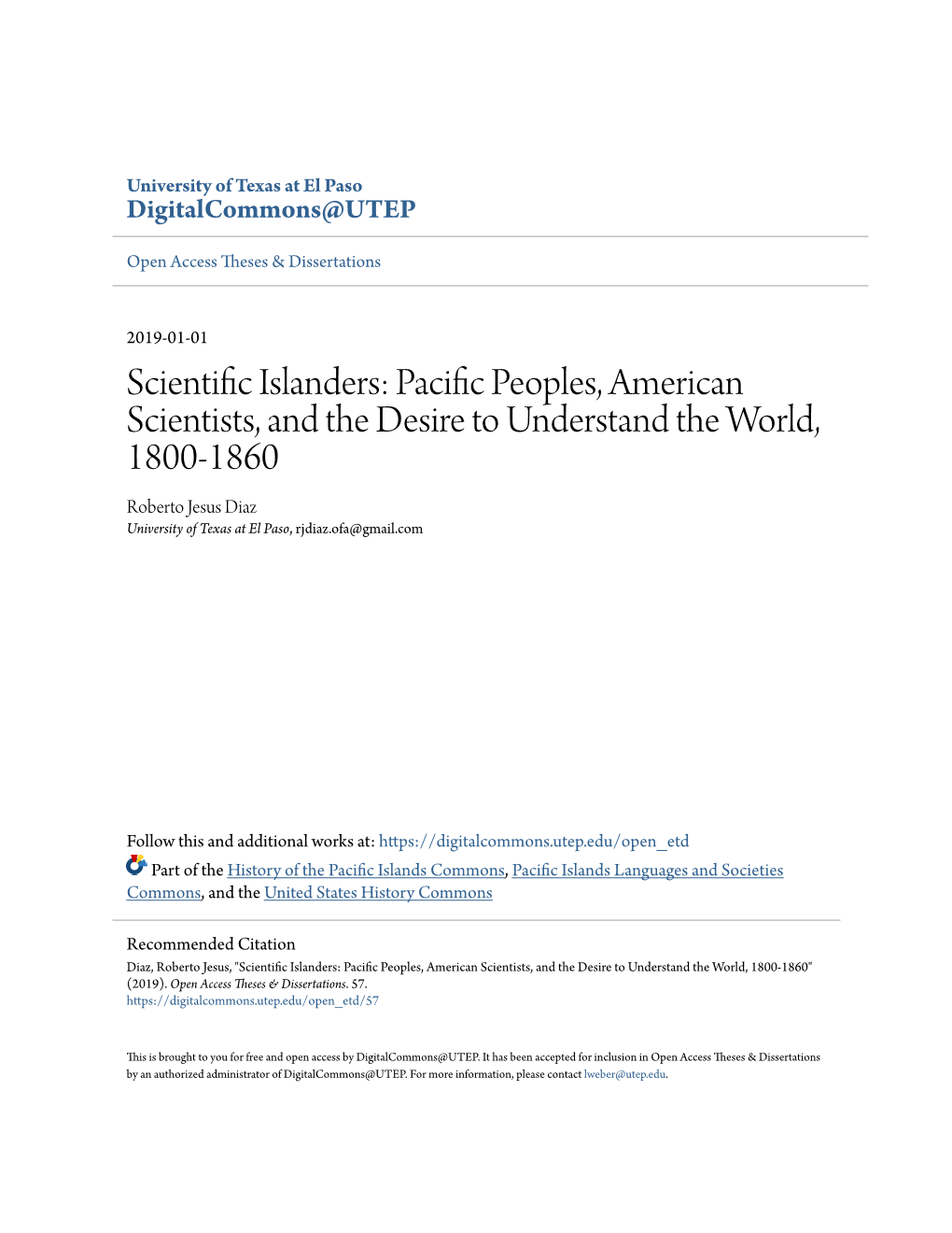 Scientific Islanders: Pacific Peoples, American Scientists, and the Desire to Understand the World, 1800-1860